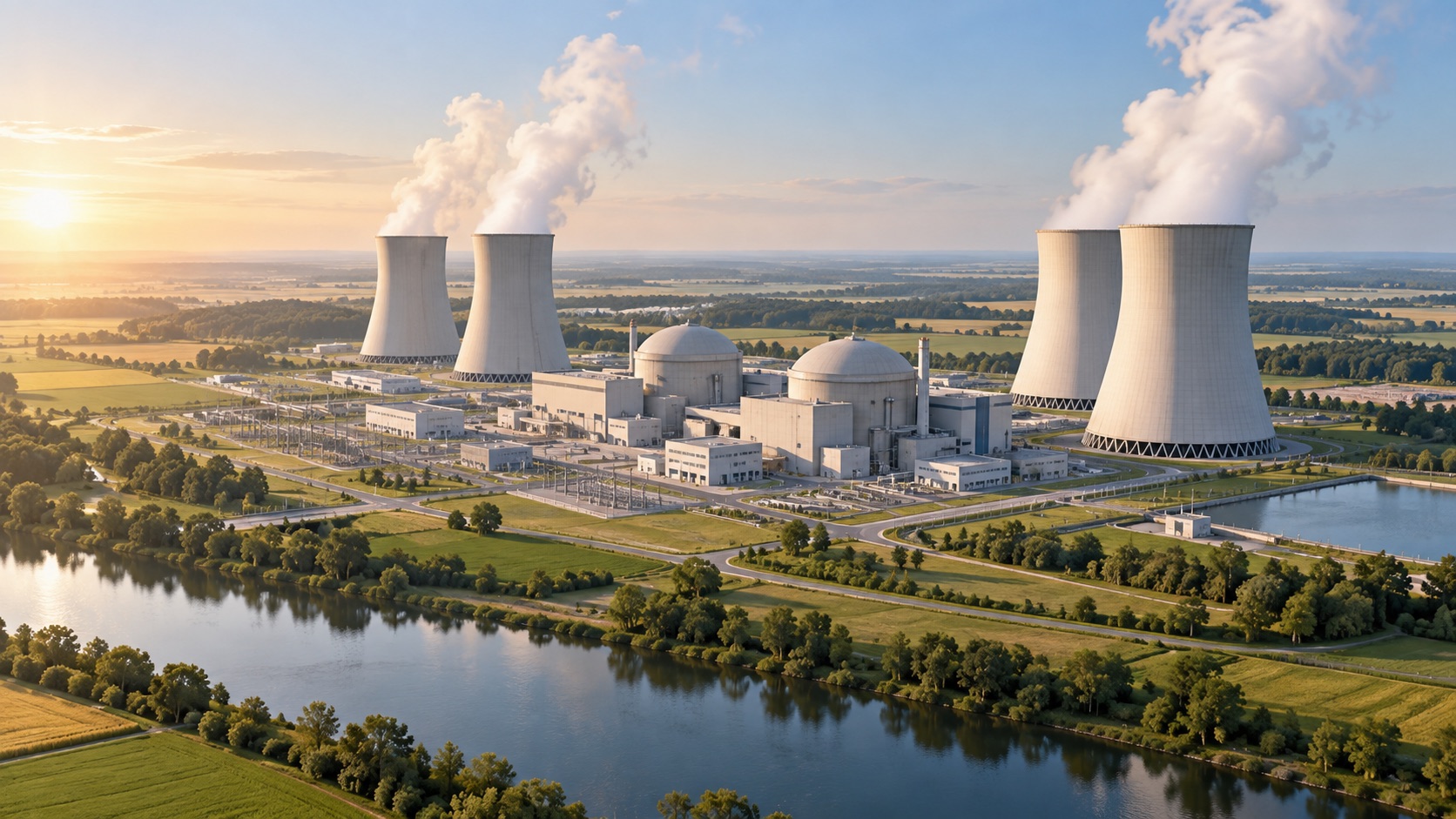 Koncepcyjna wizualizacja elektrowni jądrowej wygenerowana przez AI