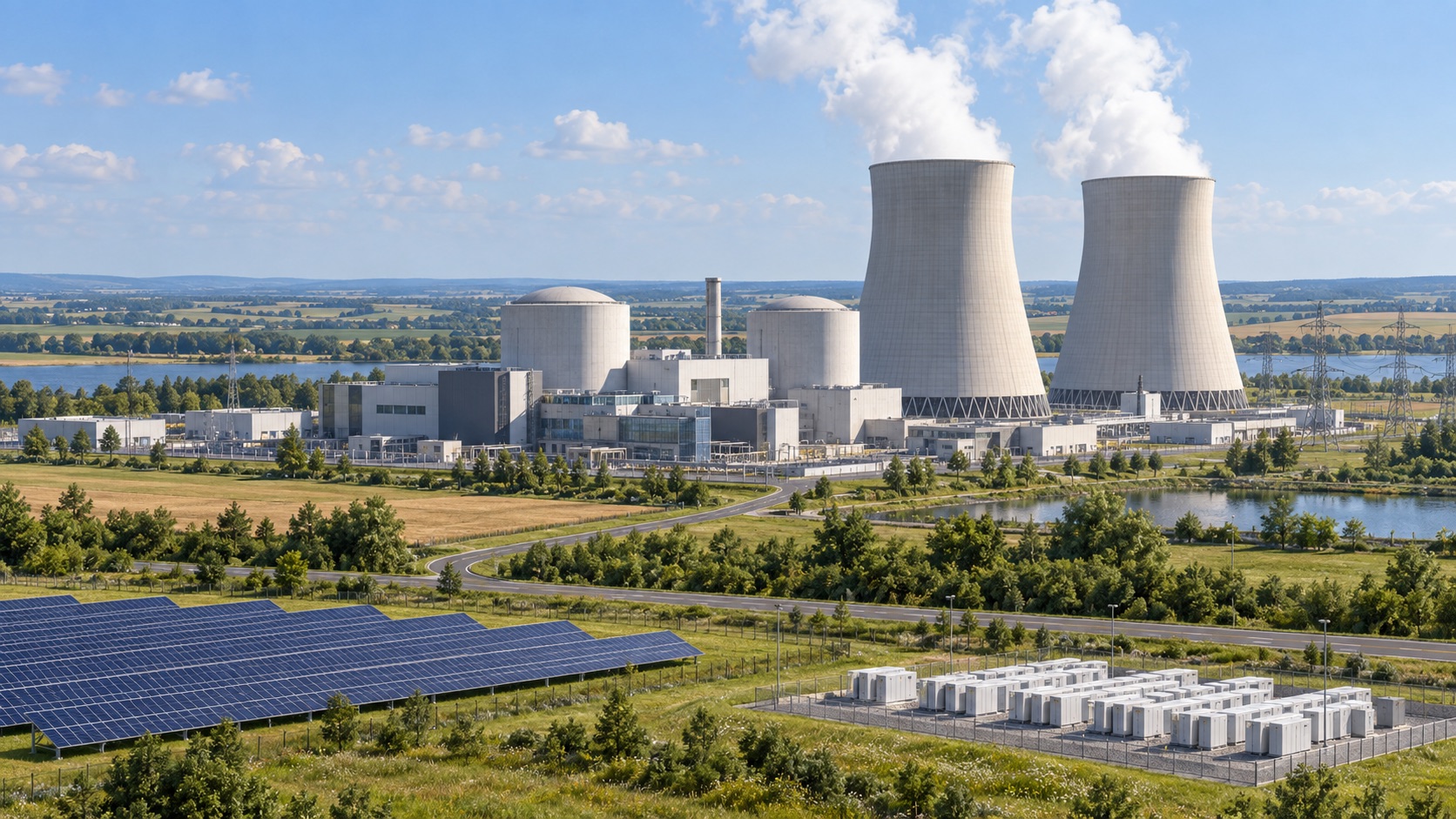 Elektrownia jądrowa, fotowoltaika i magazyny energii na poglądowej ilustracji AI